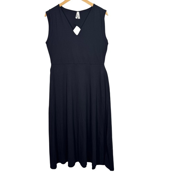 Pact XL Beautiful Black Sleeveless Vneck Midi Dress Organic Cotton Back Cutout - Picture 1 of 9